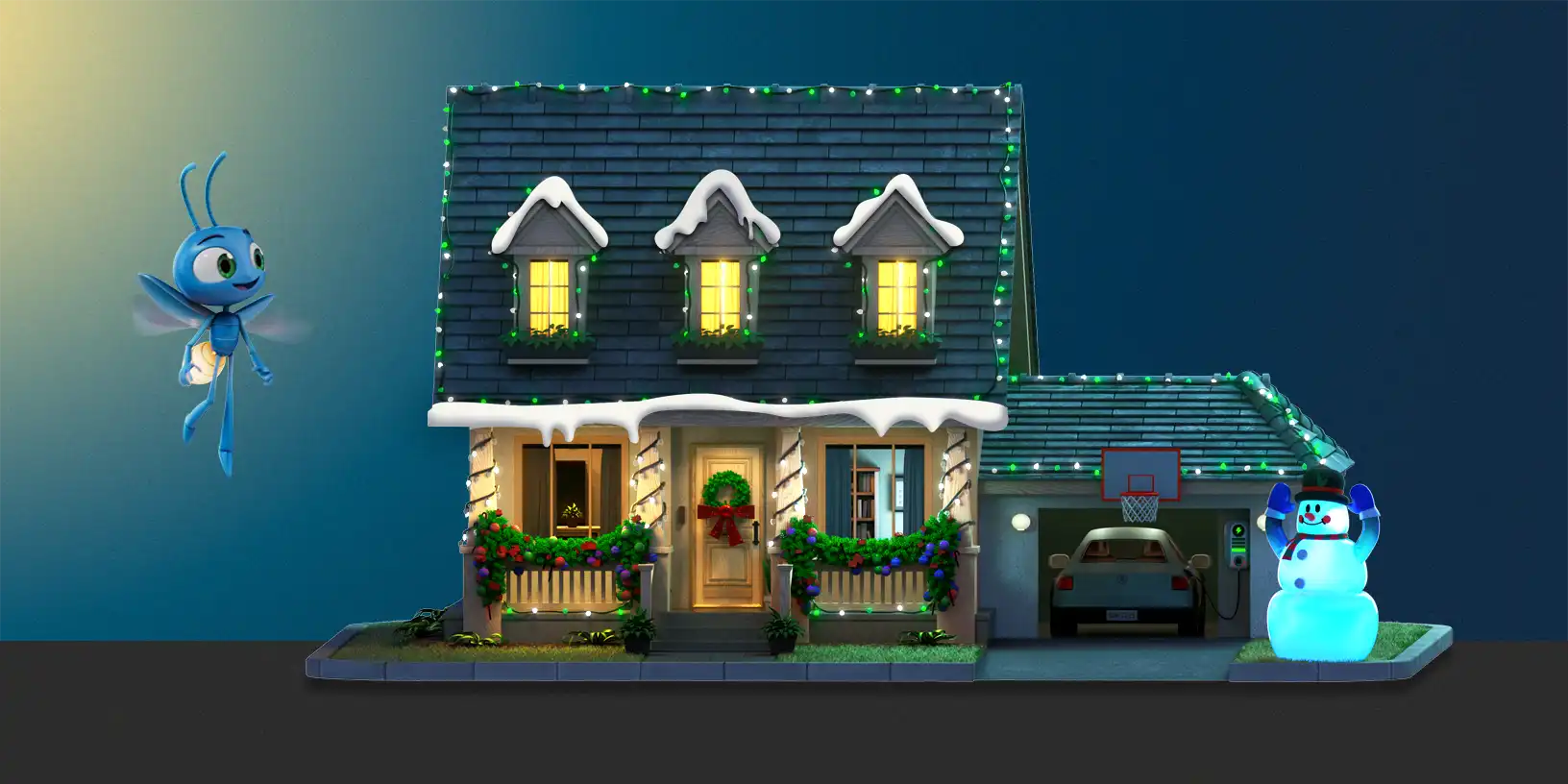 Lucy flying next to a house filled with Christmas lights and snow