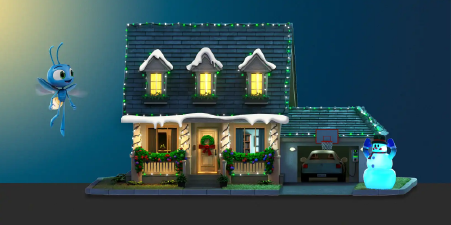 Lucy flying next to a house filled with Christmas lights and snow