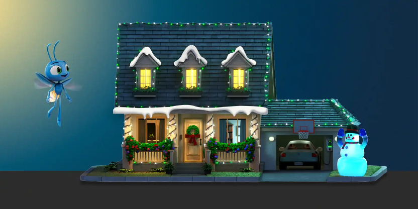 Lucy flying next to a house filled with Christmas lights and snow