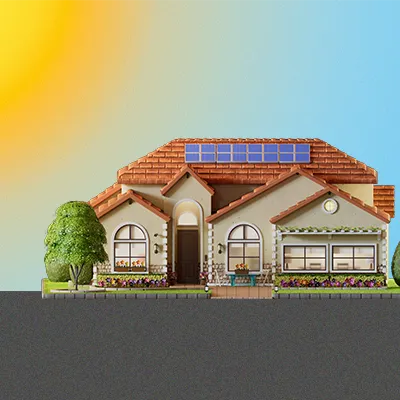 Cute 3D house on a sunny day with solar panels