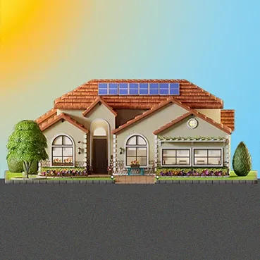 Cute 3D house on a sunny day with solar panels