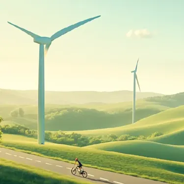 Cyclist training on a country road with wind turbines in background
