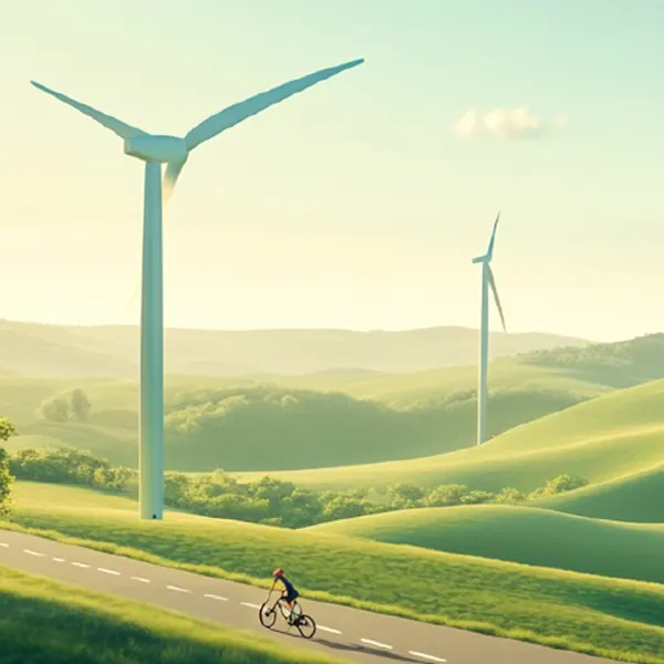 Cyclist training on a country road with wind turbines in background