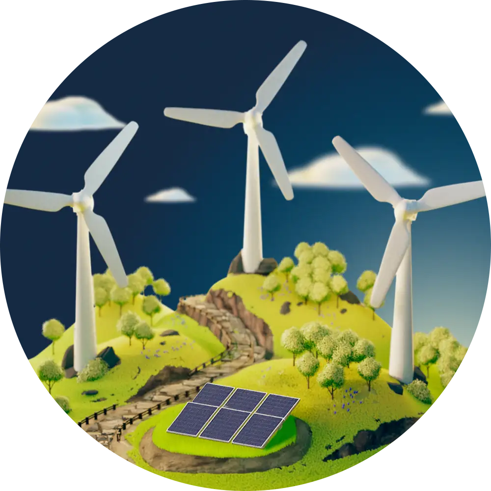 Wind turbines and solar panels on green mountains in the night sky