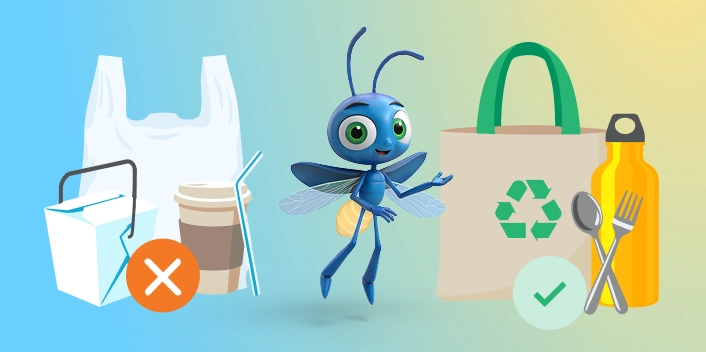 Pile of single-use plastic items on the left and pile of reuseable items on the right