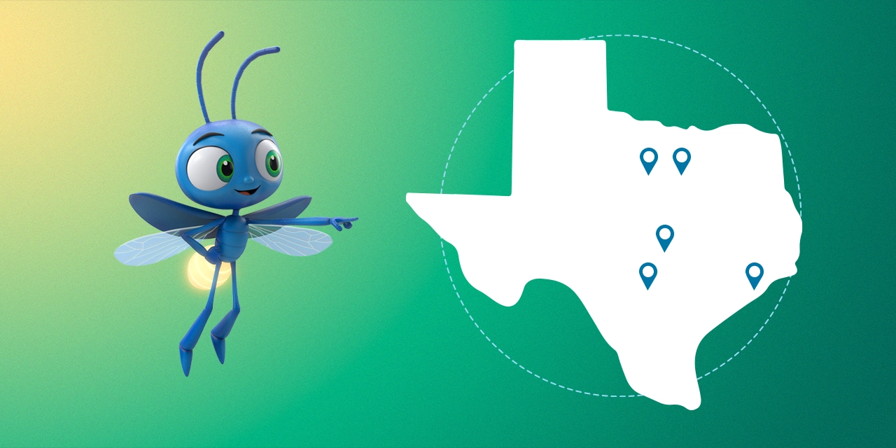 Lucy firefly next to Texas map