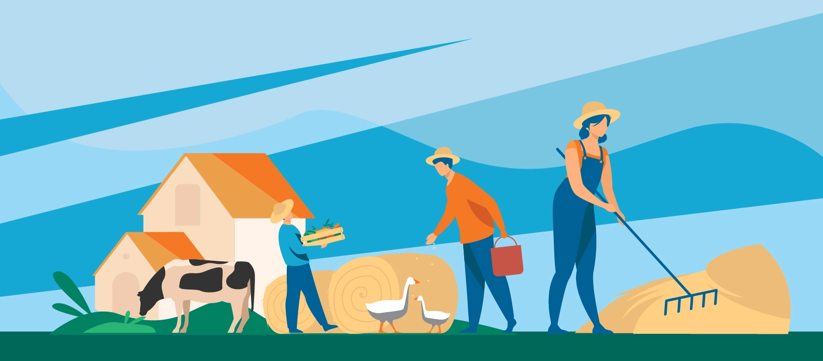 Three people work on a farm with two ducks, a cow, some hay, and a house.