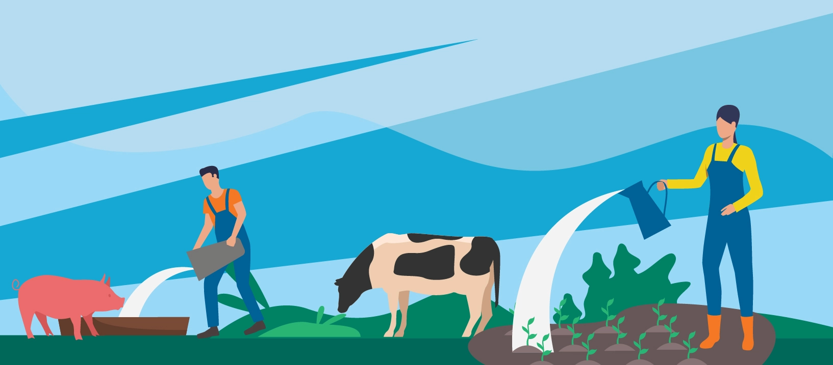 Two people work on a farm watering plants and giving drinking water to a cow and pig.