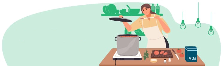 Person cooking dinner in a large pot with the words upgrade your pots and pans on the left.