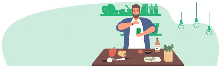 A person jars several different vegetables in the kitchen as the words preserve for the future are on the left.