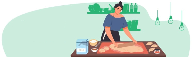 A person rolls out dough in the kitchen as the words plan ahead to prevent food waste are on the left.