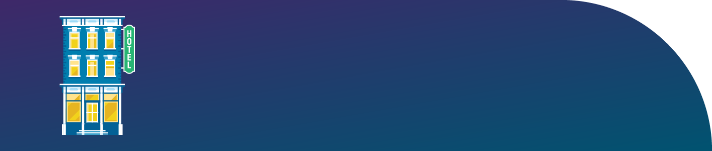 Blue, yellow and green hotel on a dark blue background next to the phrase "Rest easy in an eco-certified hotel"