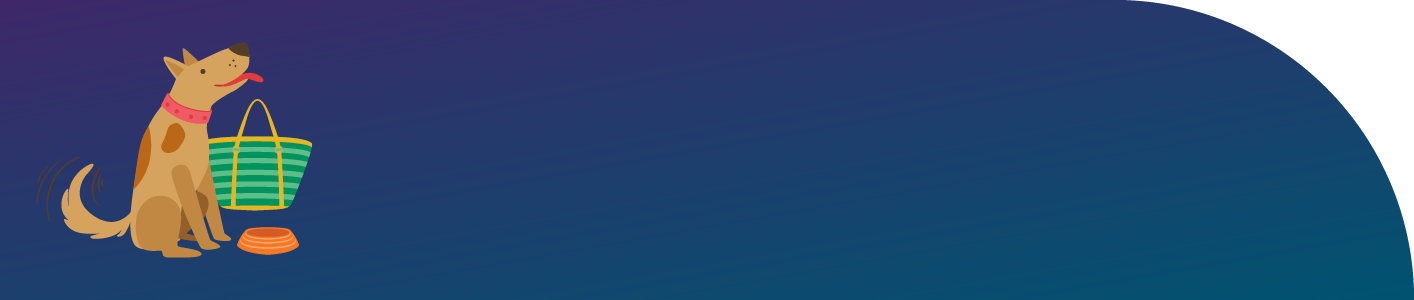 Brown spotted dog, green bag and. orange bowl on blue background next to the phrase, "Bring reusables."