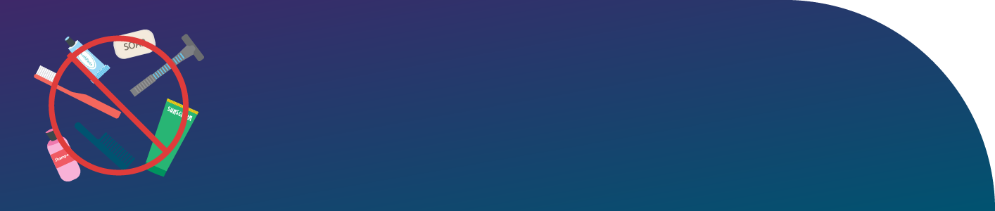 International "No" symbol over single-use toiletries on blue background next to phrase, "Say no to travel-sized products."