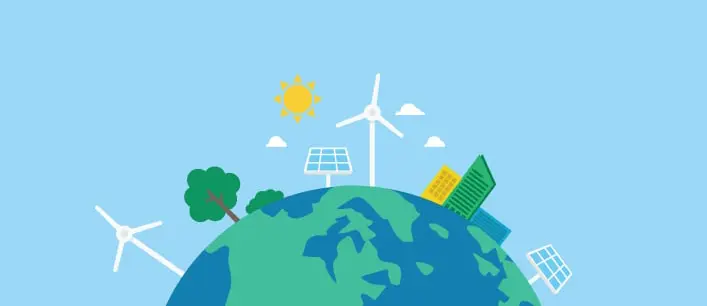 Image of the earth with buildings, trees, solar panels, and wind turbines