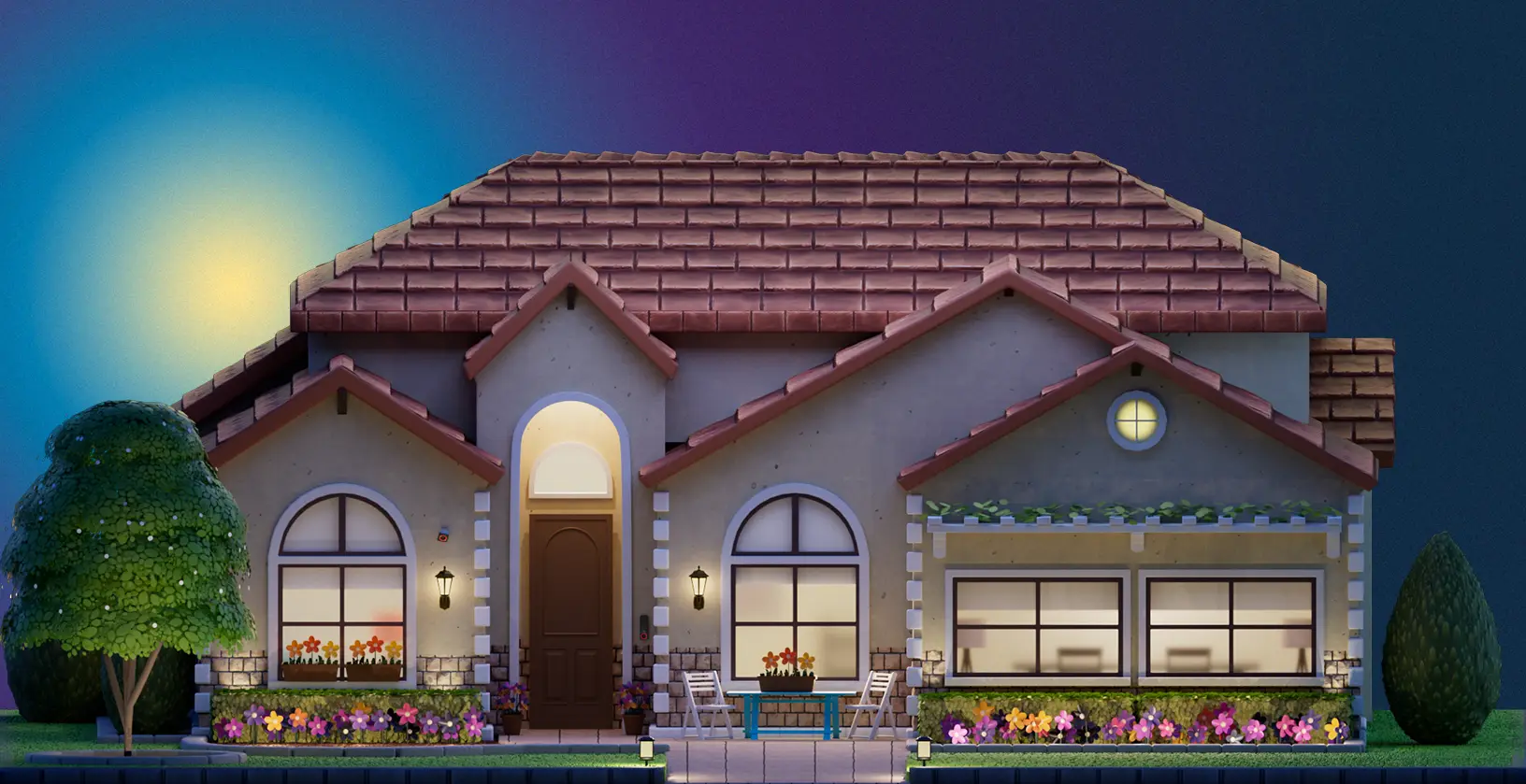 Blue and white two story home at night with house lights on, a green lawn in front of the home and a forest behind the home.