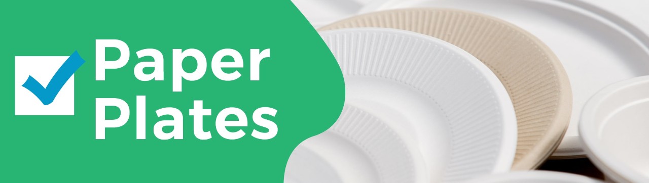 Paper Plates words and blue checkmark on the left wide with picture of paper plates on the right.