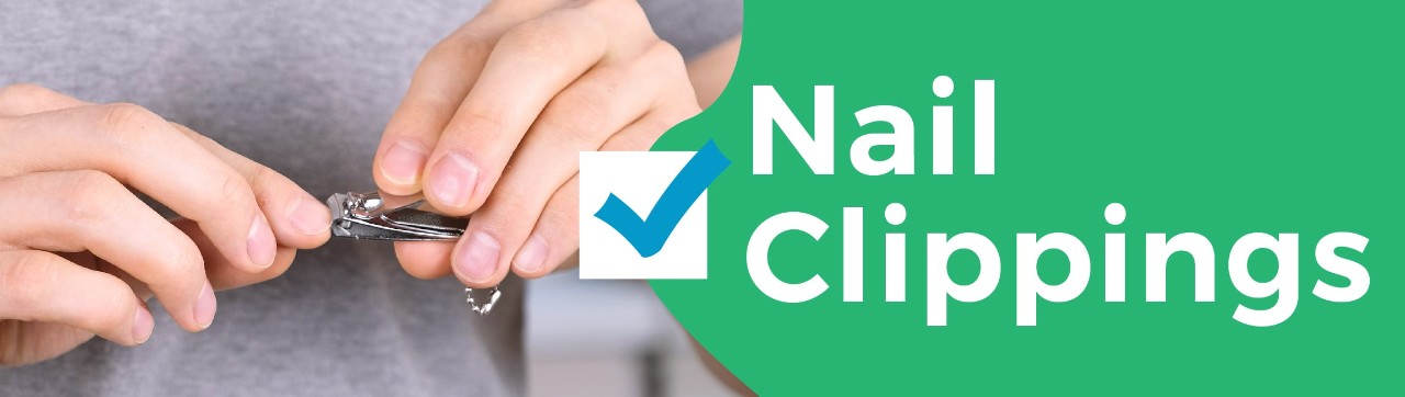 Picture of Nail clippings on the left. Word nail clippings and blue checkmark on the right.