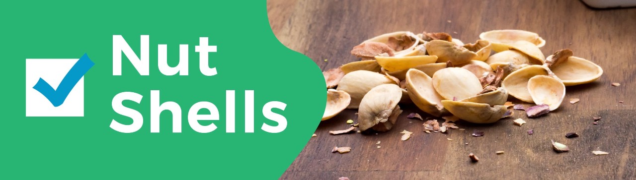 Nut shells words and blue checkmark on left side with picture of nut shells on the right.