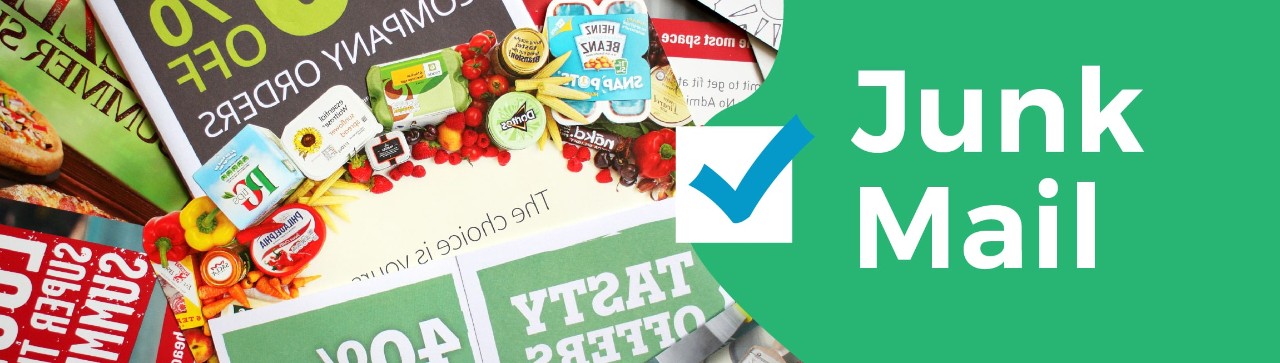 Junk mail image on the left side with blue checkbox and words on the right side.