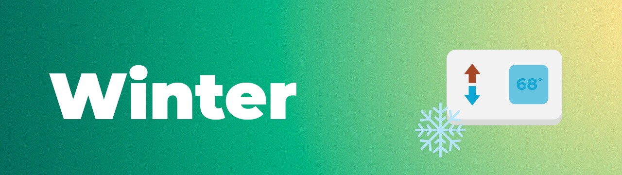 Winter text next to a thermostat and a snowflake illustration