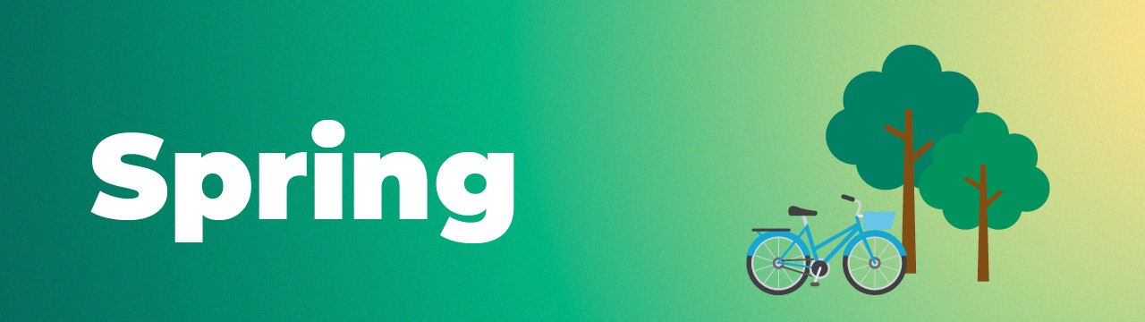 Spring text with a bicycle next to trees illustrated