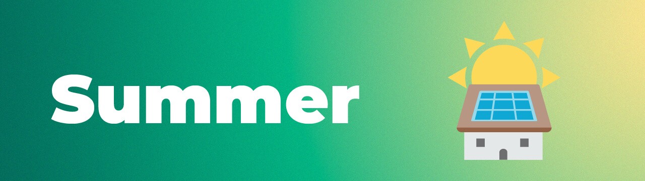 Summer text with icon of house with solar panels in the sun