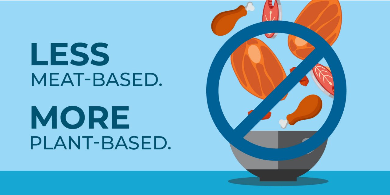 The words "Less meat-based, more plant-based" on the left side while a bowl filled with fruits and vegetables sits on the right side.