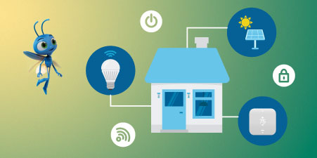 Lucy flying next to home efficiency icons