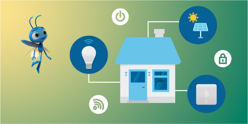 Lucy flying next to home efficiency icons