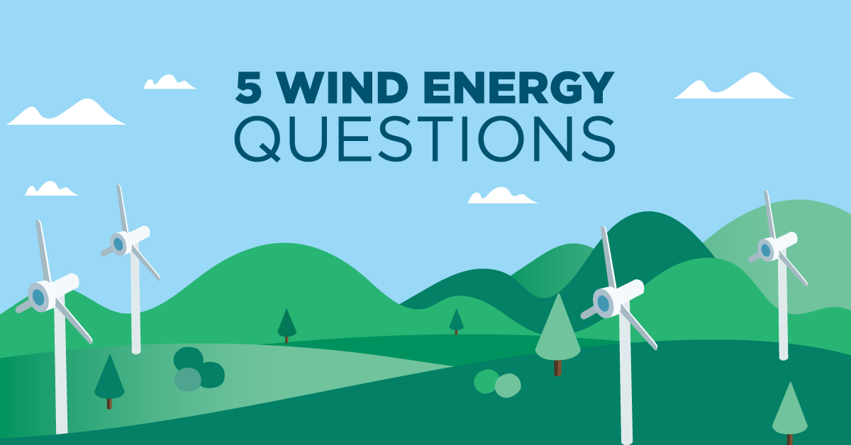 Four wind turbines stand on grassy filed under a blue sky featuring the words 5 wind energy questions.