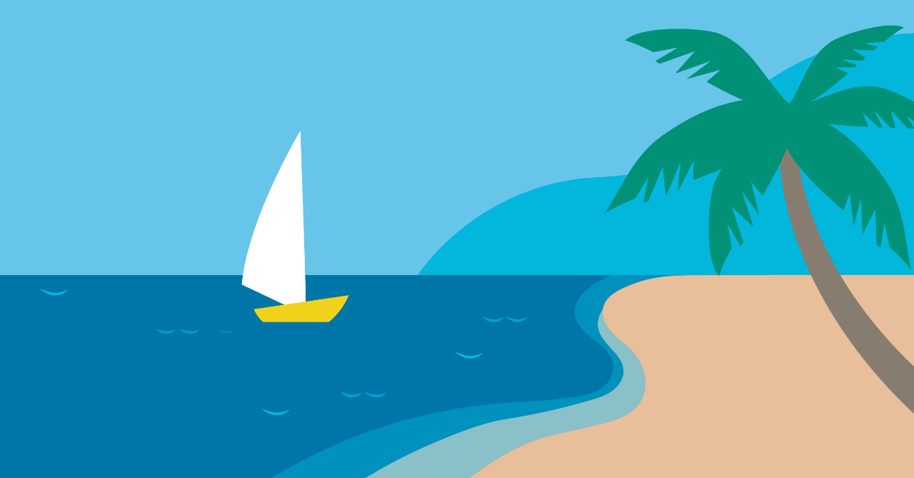 Illustrated beach scene with ship in the background.