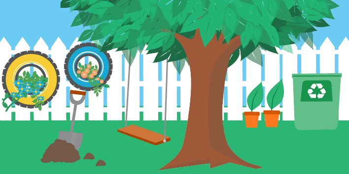 Backyard with plants, recycling bin, reused tires as planters and a large tree with a swing.