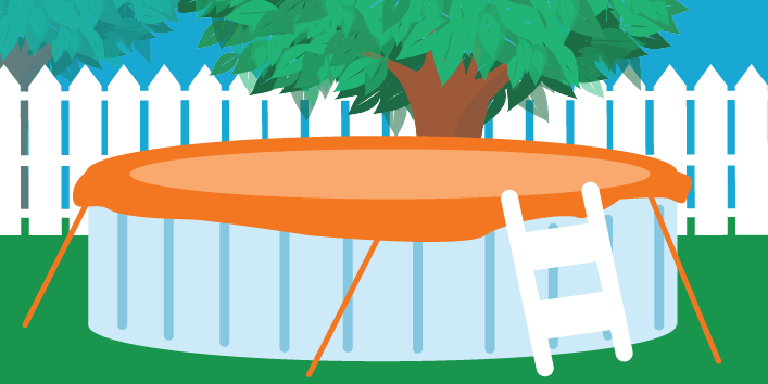 Outdoor above ground pool with orange pool cover attached.