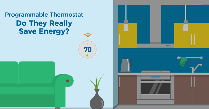 Illustration of living room with programmable thermostat on the wall set to 70 degrees.