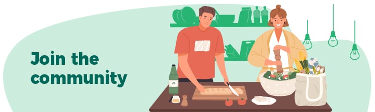 One person makes a salad and another person cuts bread while the words join the community are on the left.