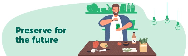 A person jars several different vegetables in the kitchen as the words preserve for the future are on the left.