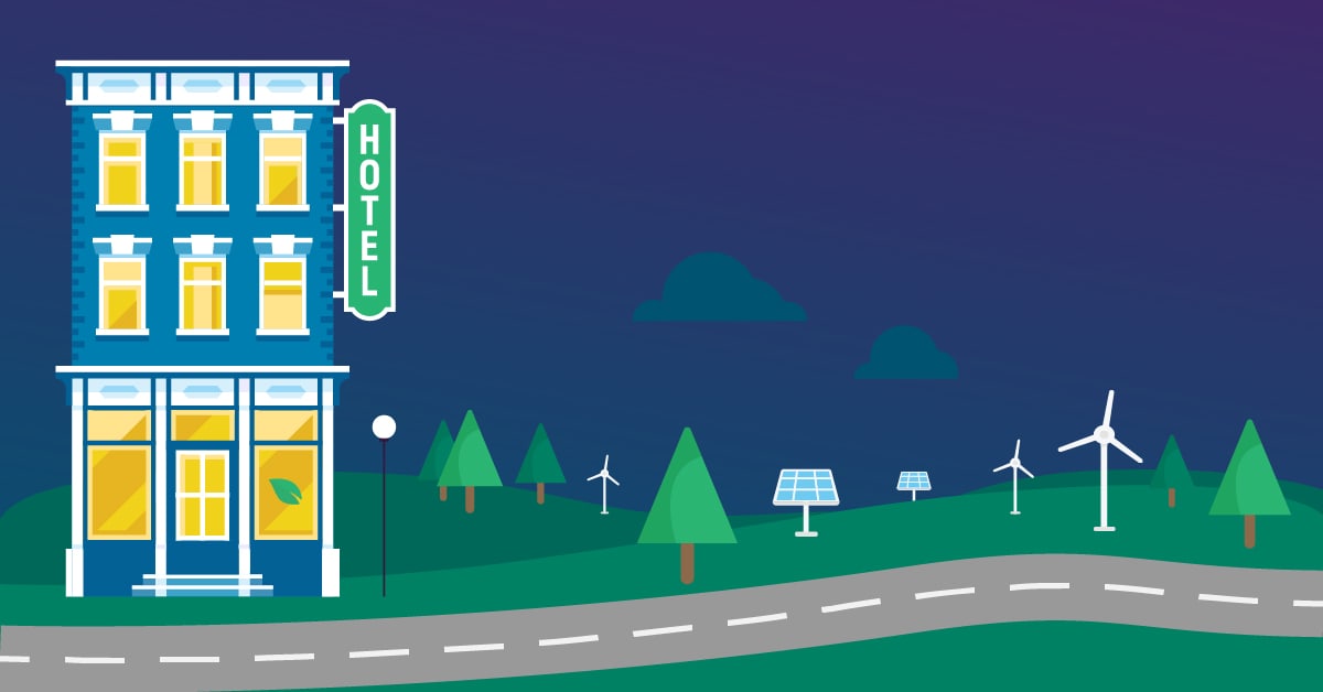 Sustainable Travel. Scene with an earth-conscious hotel, open road and wind turbines in the distance.