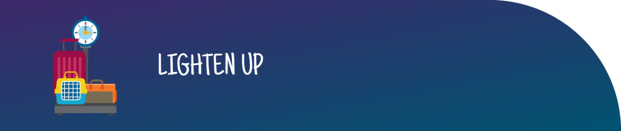 Three bags on dark blue background next to the phrase "Lighten up."