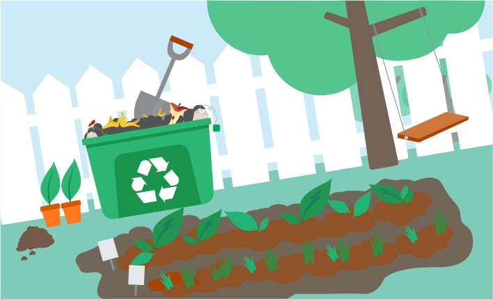 Garden with composting bin.