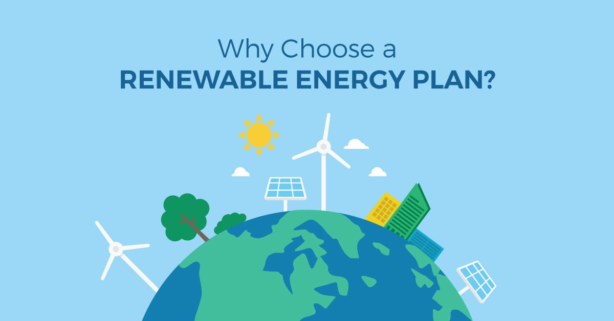 Image of the earth with buildings, trees, solar panels, and wind turbines