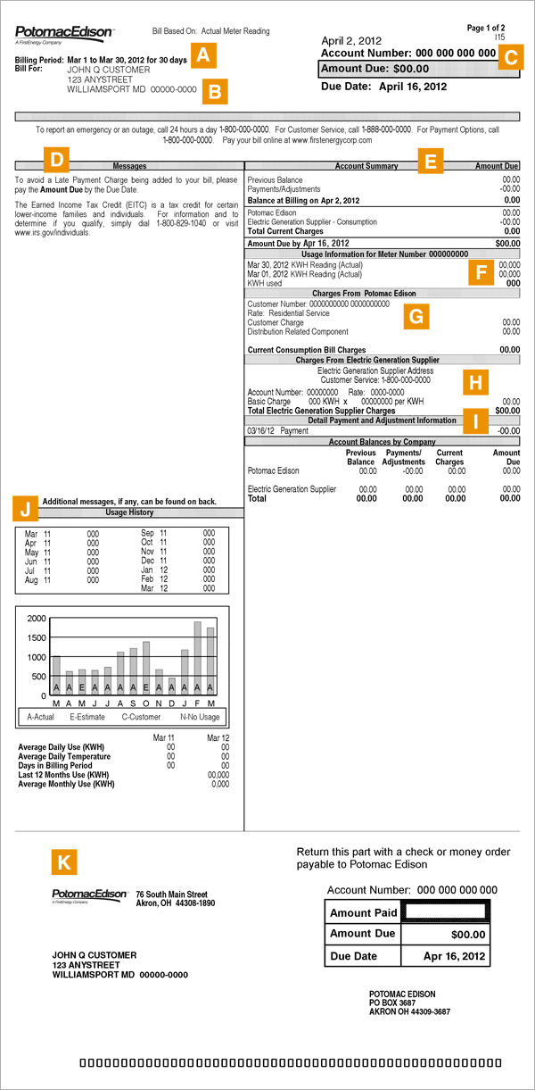 Example bill for Potomac Edison