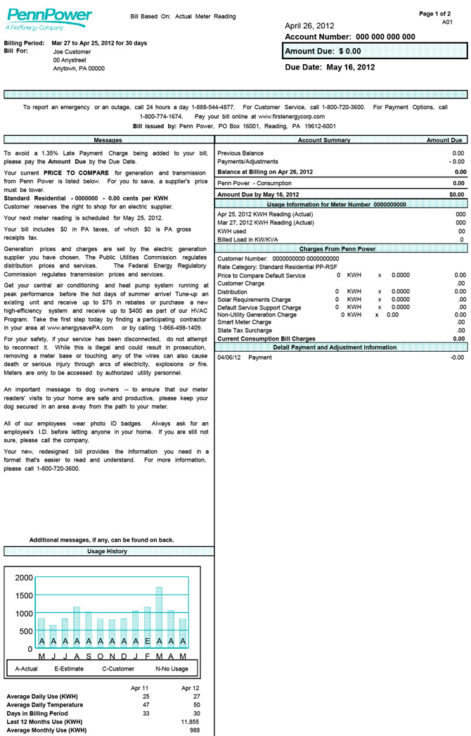 Image of front of Penn Power bill